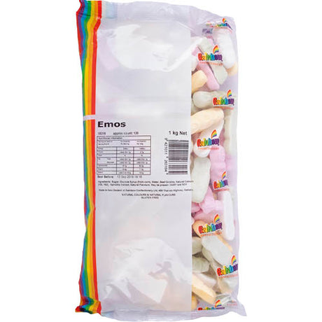 Colorful Rainbow Emos 1kg, vibrant candies perfect for celebrations, topping desserts, or enjoying as a delightful treat.