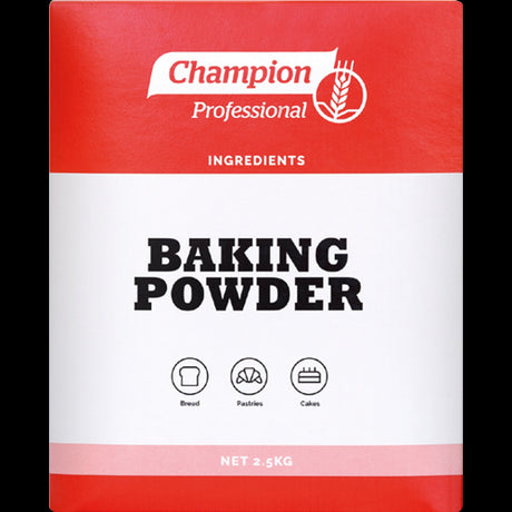 Champion Baking Powder 2.5kg package, ideal for creating fluffy cakes, pancakes, and pastries with reliable results.