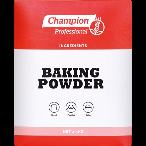 Champion Baking Powder 2.5kg package, ideal for creating fluffy cakes, pancakes, and pastries with reliable results.