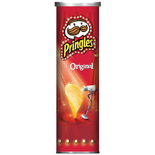 Pringles Original Potato Chips 134g in a resealable can, showcasing uniquely shaped, perfectly salted chips with a satisfying crunch.