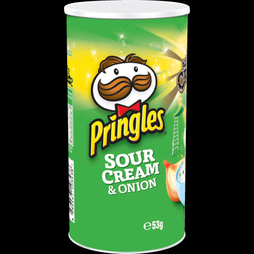 Pringles Sour Cream & Onion potato chips in a 53g canister, offering a crispy, flavorful snack for on-the-go enjoyment.