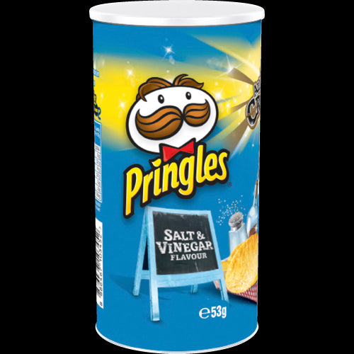 Pringles Salt & Vinegar Potato Chips 53g can featuring uniquely stacked, crunchy chips with a tangy salt and vinegar flavor.