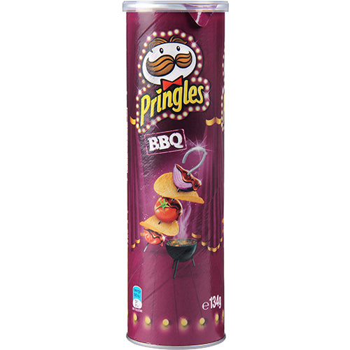 Pringles BBQ Potato Chips can, showcasing uniquely shaped chips with a smoky barbecue flavor, perfect for snacking anytime.