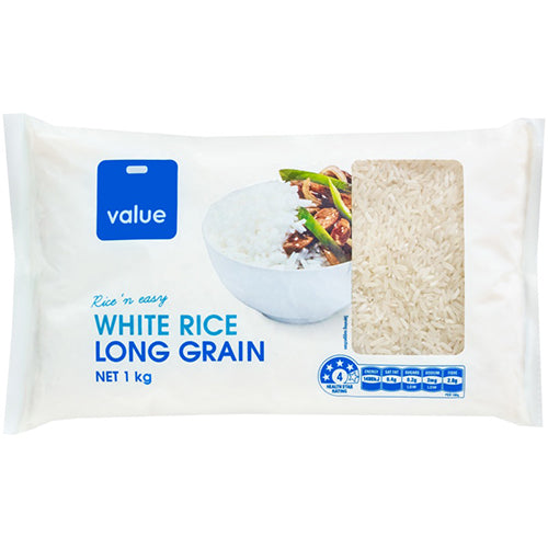 1kg bag of Value White Long Grain Rice, ideal for versatile dishes with fluffy, non-sticky grains and nutritious value.