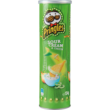 Pringles Sour Cream & Onion chips in a tall can, offering a crunchy, flavorful snack without the greasiness.