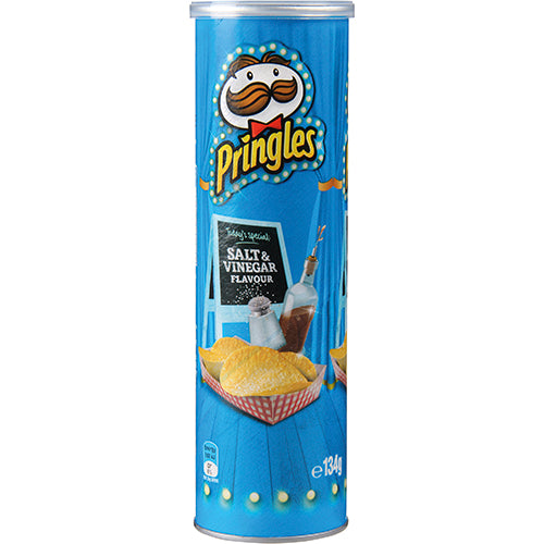 Tangy Pringles Salt & Vinegar Potato Chips in a 134g can, featuring uniquely shaped, non-greasy chips for satisfying snacking.