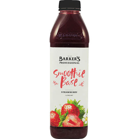 Barker's Strawberry Smoothie Base 1L bottle, featuring ripe strawberry flavor for smoothies, desserts, and beverages.