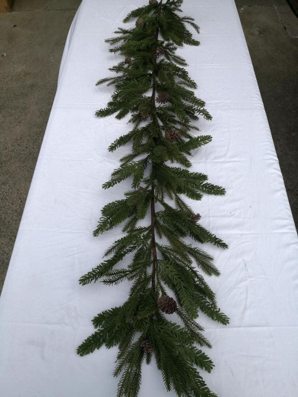 Artificial 180cm Real Touch Mixed Pines Garland with pinecones, perfect for festive decorating indoors or outdoors.