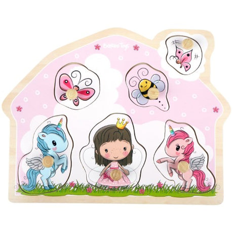 Colorful wooden peg puzzle in a house shape featuring Fairy-Princess Lillie and friends, designed for toddlers' learning.