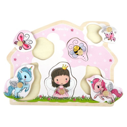 Colorful wooden peg puzzle featuring Fairy-Princess Lillie and friends, designed for toddlers to enhance motor skills and creativity.