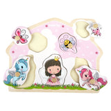 Colorful wooden peg puzzle featuring Fairy-Princess Lillie and friends, designed for toddlers to enhance motor skills and creativity.