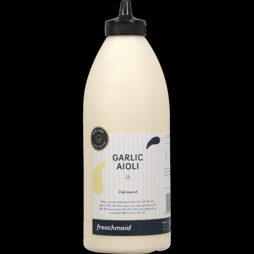 Creamy French Maid Garlic Aioli in a 1-liter jar, perfect for dipping, spreading, and enhancing gourmet meals.