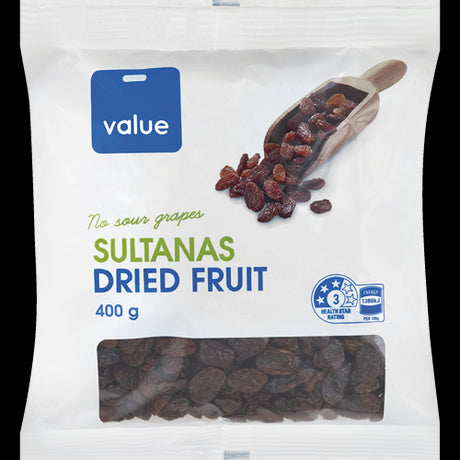 Value Sultanas 400g package showcasing golden raisins, perfect for snacking, baking, and enhancing healthy recipes.