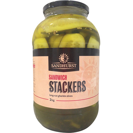 Crunchy Sandhurst Sandwich Stackers Gherkins in a 2kg jar, perfect for enhancing sandwiches, burgers, and salads.