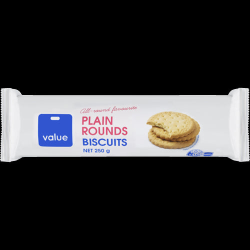 Value Plain Rounds Biscuits in a 250g pack, perfect for pairing with tea or coffee, offering a crisp, delightful texture.