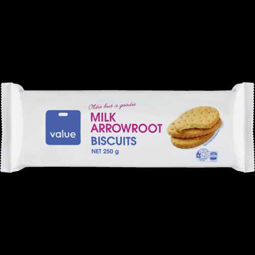 Value Milk Arrowroot Biscuits in a 250g pack, offering a soft, crumbly texture and delightful flavor, perfect for all ages.