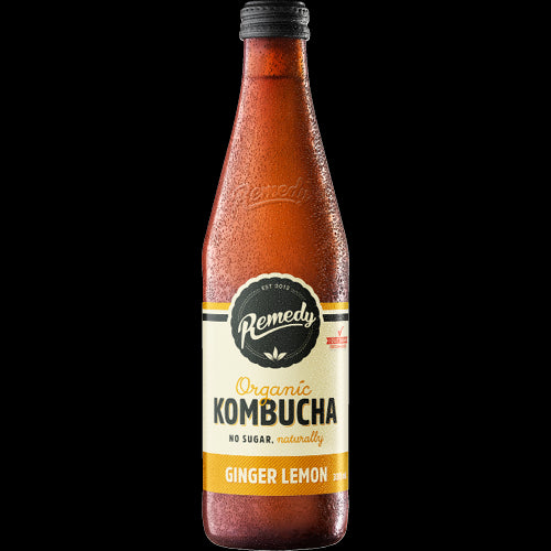 "Remedy Ginger Lemon Organic Kombucha 12-pack, a gut-friendly, sugar-free drink with zingy ginger and refreshing lemon flavors."