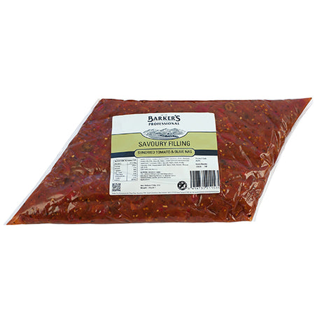 Barker's 1.25kg Sundried Tomato & Olive Filling, a gourmet blend perfect for pizzas, sandwiches, and pasta sauces.