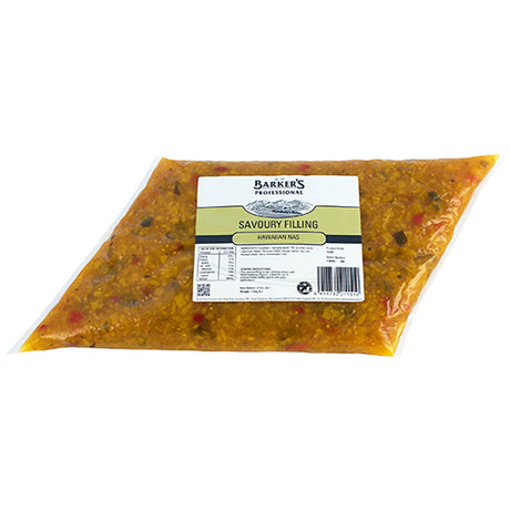 Barker's Hawaiian Savoury Filling 1.25kg, a blend of meats and vegetables for delicious pies, pastries, and gourmet rolls.