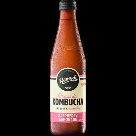 Refreshing Remedy Raspberry Lemonade Kombucha pack featuring 12 x 330ml bottles, organic and gut-friendly.