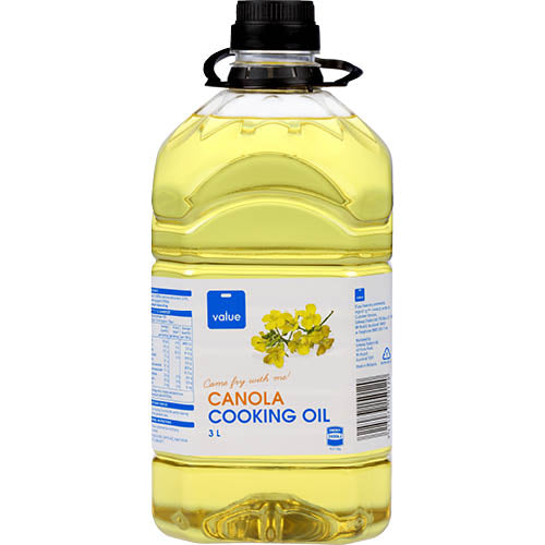 A 3-liter bottle of Value Canola Oil, ideal for frying, baking, and cooking with healthy, light flavor and high smoke point.