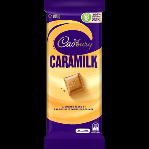 Cadbury Caramilk Chocolate Block 180g, creamy caramel and milk chocolate indulgence for snacking or baking treats.