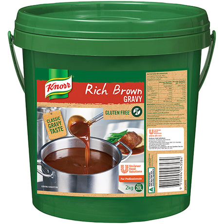 Knorr Gluten Free Rich Brown Gravy in a 2kg package, perfect for enhancing meals with rich flavor and smooth texture.