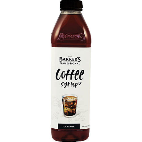 Barker's Caramel Coffee Syrup 1L, a rich caramel and coffee blend for gourmet lattes and mochas.