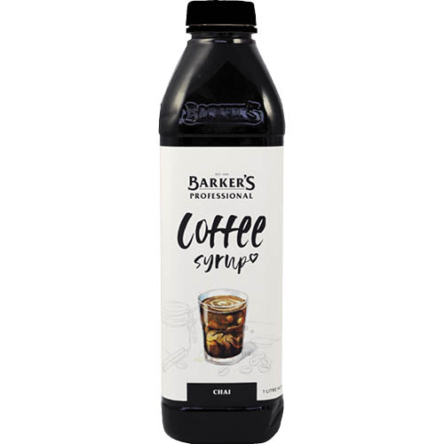 Barker's Chai Coffee Syrup 1l offers a rich blend of chai spices and coffee, perfect for enhancing drinks and desserts.