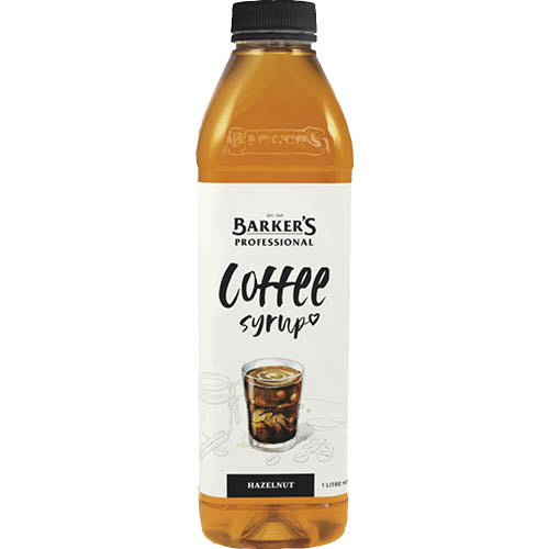 Barker's Hazelnut Coffee Syrup 1L bottle, perfect for enhancing beverages and desserts with rich hazelnut flavor.