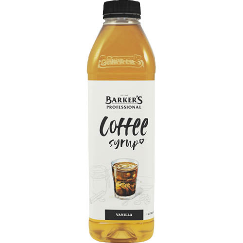 Barker's Vanilla Coffee Syrup 1l bottle, ideal for enhancing coffee with rich vanilla sweetness and versatility for drinks.