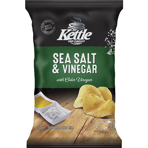 Kettle Chip Company Sea Salt & Vinegar Chips, 150g pack, featuring crispy New Zealand potatoes with tangy vinegar and sea salt flavor.