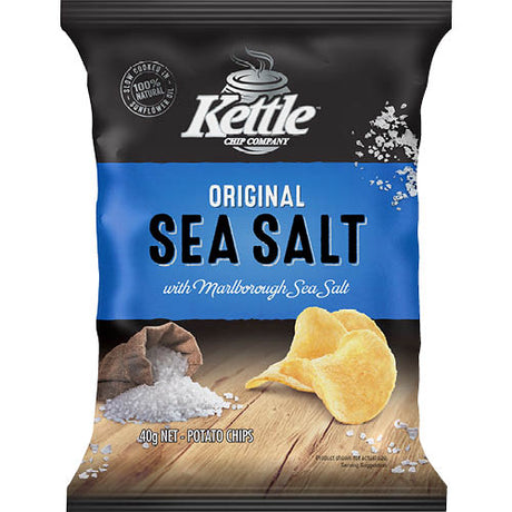 Kettle Chip Company Sea Salt Potato Chips in a 40g pack, featuring crispy, artisan chips made from New Zealand potatoes with natural sea salt.