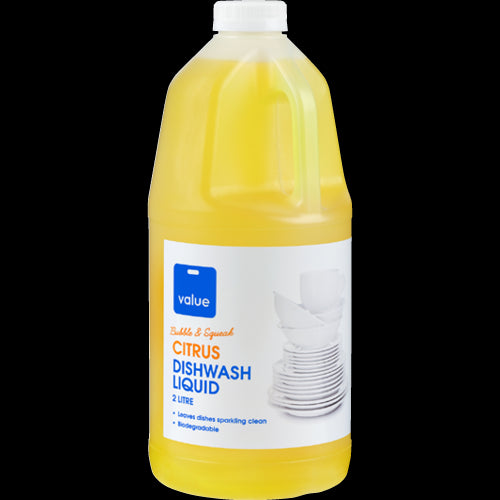 Value Citrus Dishwash Liquid 2L bottle, eco-friendly, citrus-scented soap for sparkling clean dishes and effective grease-fighting.