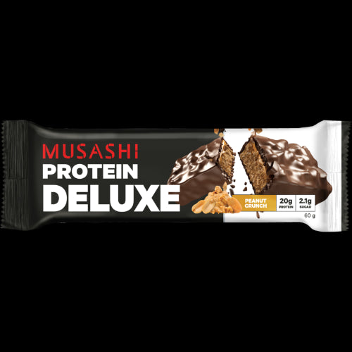 Musashi Peanut Crunch Deluxe Protein Bars in a box of 12, each with 20g protein and delicious chocolate coating.