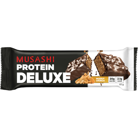Musashi Peanut Crunch Deluxe Protein Bars in a box of 12, each with 20g protein and delicious chocolate coating.