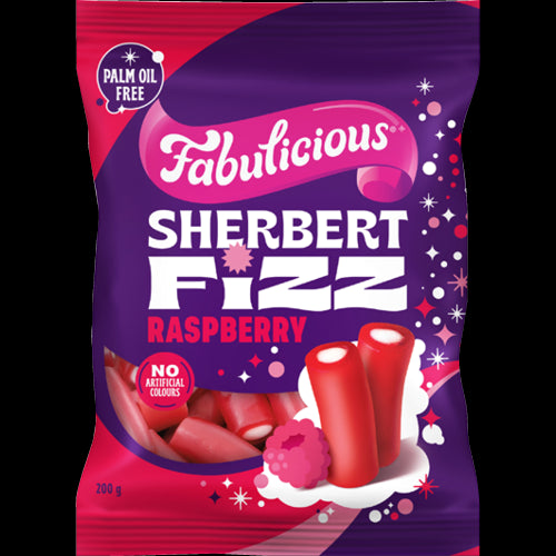 RJ's Fabulicious Raspberry Sherbert Fizz 200g, a colorful candy with a fizzy raspberry flavor and sparkling sherbert coating.