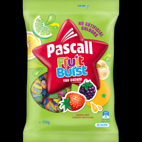 Colorful Pascall Fruit Burst 170g pack featuring chewy fruit lollies in grape, orange, strawberry, and lemon flavors.