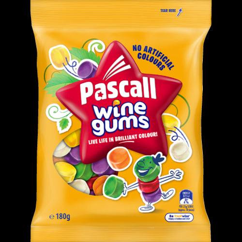 Colorful pack of Pascall Wine Gums 180g, featuring chewy, fruity-flavored gummy candies inspired by classic wines.