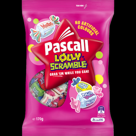 Colorful assortment of chewy Pascall Lolly Scramble candies, perfect for sharing and enjoying any occasion.