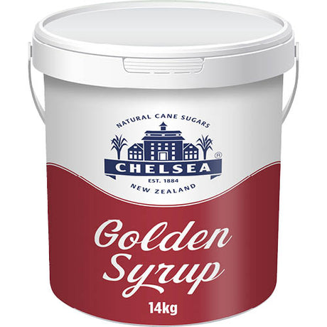 Chelsea Golden Syrup 14kg pail, ideal for baking, with rich flavor and vegan-friendly ingredients for versatile sweetening.