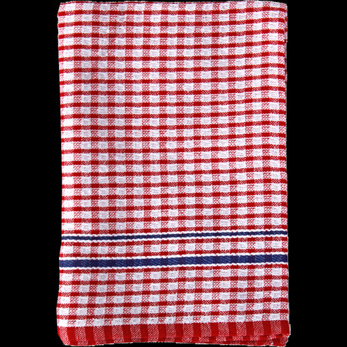 Red cotton tea towel for kitchen use; absorbent, durable, and machine washable, adds style and functionality.