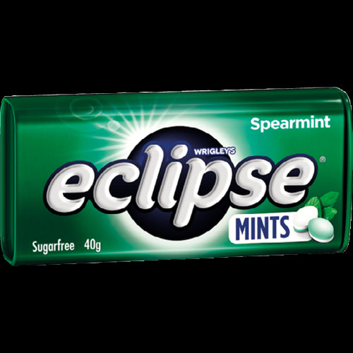 Wrigley's Eclipse Spearmint Sugarfree Mints pack, 12 x 40g, offering refreshing, calorie-free minty flavor for on-the-go freshness.