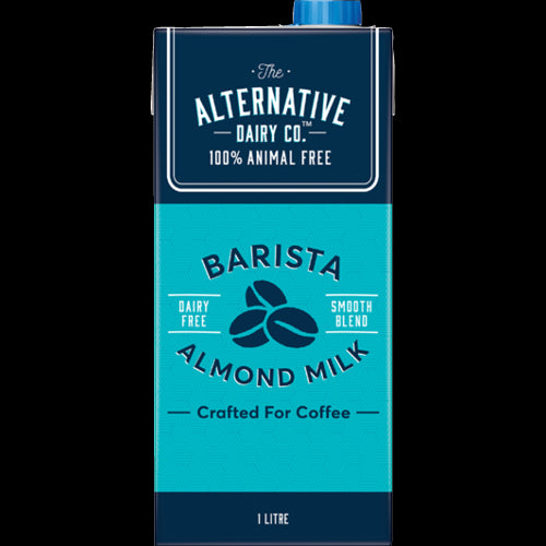 Creamy Alternative Dairy Co. Barista Almond UHT Milk 1l, perfect for frothy lattes and health-conscious coffee lovers.