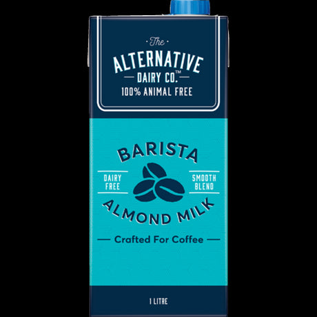 Creamy Alternative Dairy Co. Barista Almond UHT Milk 1l, perfect for frothy lattes and health-conscious coffee lovers.