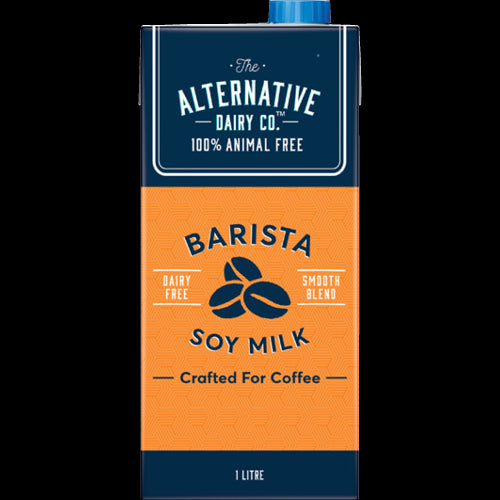 Alternative Dairy Co. Barista Soy UHT Milk 1L carton, creamy, frothable, perfect for lattes and coffee beverages.