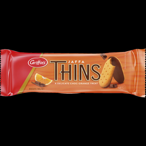 Crisp Jaffa Thins Biscuits coated in milk chocolate, blending orange zest and chocolate sweetness in a 180g pack.