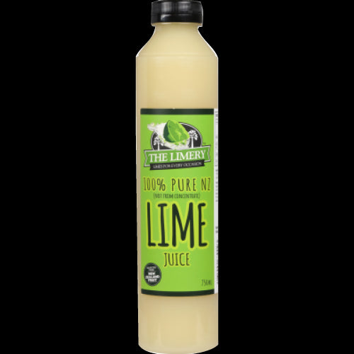 Bottle of The Limery 100% Pure NZ Lime Juice 750ml, vibrant and fresh, ideal for cooking, cocktails, and refreshing drinks.