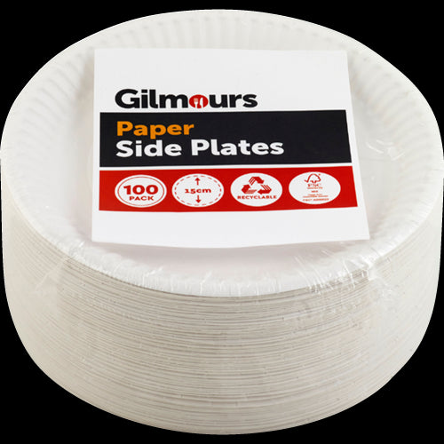 Eco-friendly Gilmours Paper Side Plates for parties, sturdy, biodegradable, perfect for appetizers and desserts.