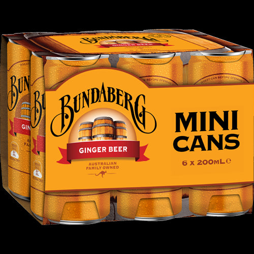 Bundaberg Ginger Beer Mini Cans, 6 x 200ml, flavorful ginger beer perfect for on-the-go refreshment.